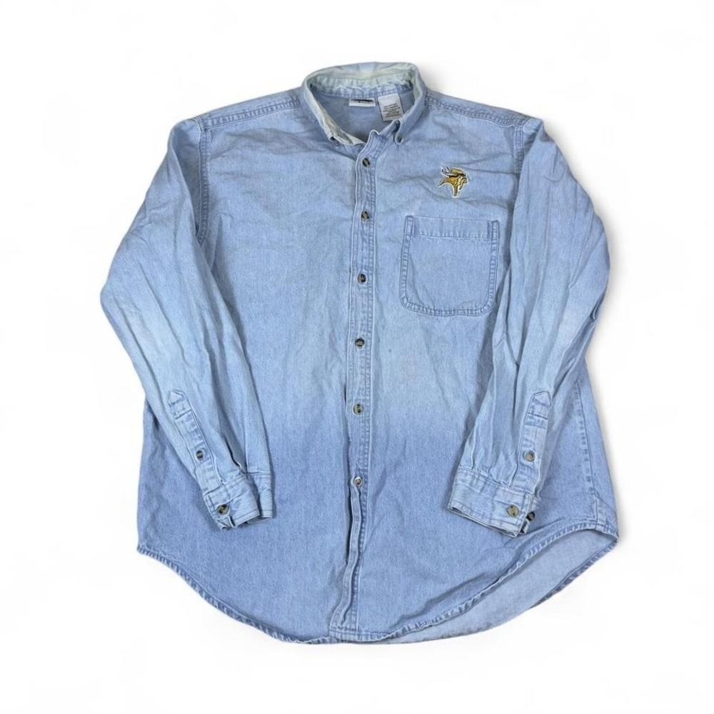 Vintage 90s Minnesota Vikings Embroidered Denim Button-Up Shirt Mens Large